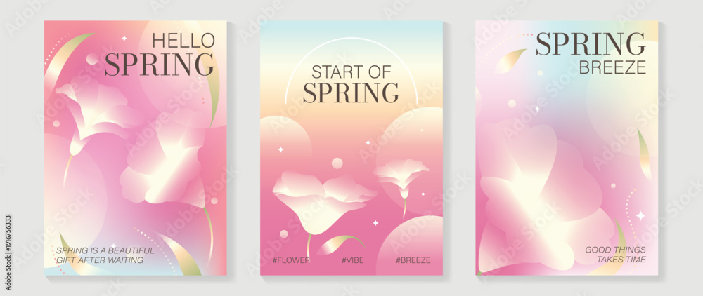 Obraz premium Spring flowers poster vector set. Botanical pastel gradient background and white floral design for spring and summer sale ads, invitation backgrounds, cards, branding, packaging and wall decoration.