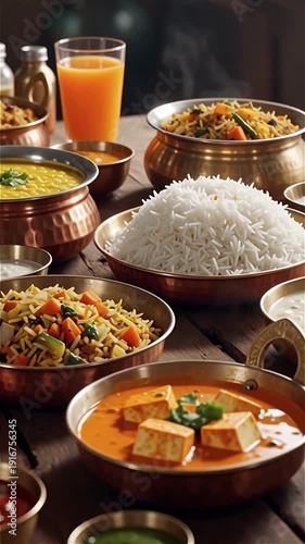 Traditional Indian Feast Served in Copper Bowls on a Wooden Table, Variety of Dishes Including Rice and Curry, Cultural Cuisine

