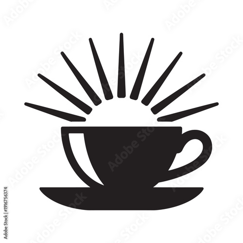 Black and white illustration of a coffee cup with radiating lines