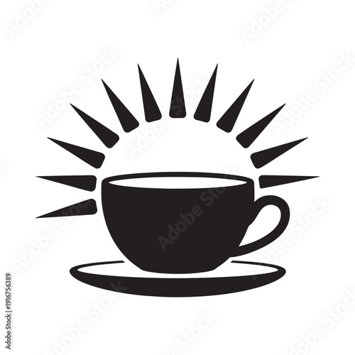 A black silhouette of a coffee cup with radiating sunburst lines