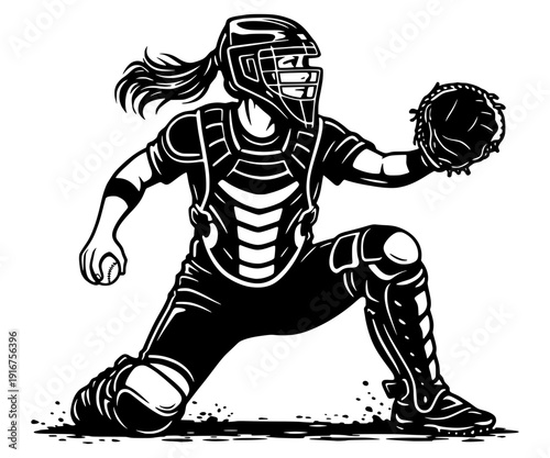 Fotografie Female Softball Catcher In Action Pose, Athletic Sports Illustration, Protective
