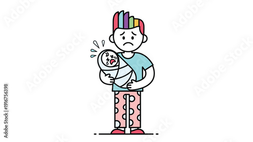 Distressed man with colorful rainbow hair holds a crying baby, depicting the challenges and struggles of parenthood.