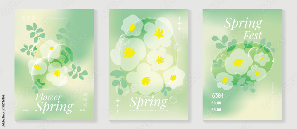 Obraz premium Spring flowers poster vector set. Botanical pastel gradient background and white floral design for spring and summer sale ads, invitation backgrounds, cards, branding, packaging and wall decoration.