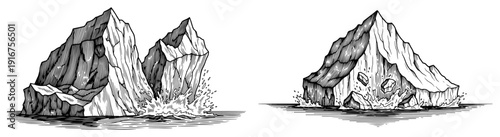 Sketches of icebergs or rocky islands floating in water with splashing waves