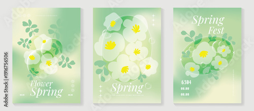 Spring flowers poster vector set. Botanical pastel gradient background and  white floral design for spring and summer sale ads, invitation backgrounds, cards, branding, packaging and wall decoration.