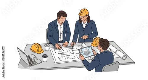 Architects and Engineers Collaborating on Blueprints and Digital Plans.