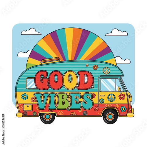 Retro Camper Van with "Good Vibes" text, Peace Signs, Flowers, and Rainbow