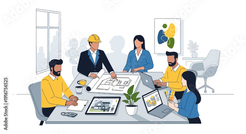 Architects and engineers collaborating on a project in an office setting.