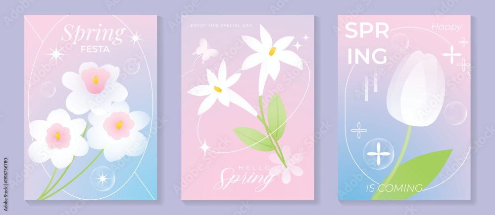 Obraz premium Spring flowers poster vector set. Botanical pastel gradient background and white floral design for spring and summer sale ads, invitation backgrounds, cards, branding, packaging and wall decoration.