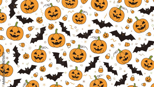 Festive seamless pattern featuring classic Halloween elements like smiling jack-o'-lanterns, flying bats, and sweet candy corn.