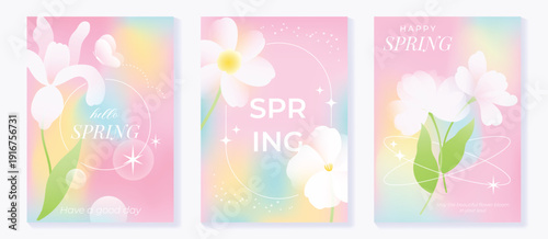 Spring flowers poster vector set. Botanical pastel gradient background and  white floral design for spring and summer sale ads, invitation backgrounds, cards, branding, packaging and wall decoration.