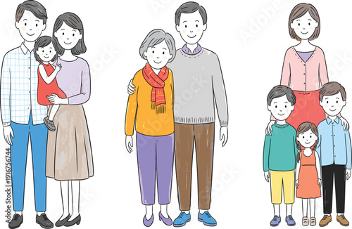 Set of hand drawn cartoon family characters including parents children and elderly grandparents for storytelling,