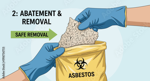 Gloved hands disposing asbestos into a yellow biohazard bag for safe removal