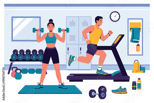Gym workout scene, athletic woman lifting dumbbells, man running on treadmill, fitness center interior, healthy lifestyle, flat vector illustration