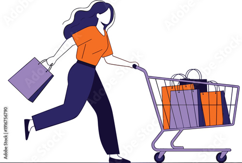 Flat vector illustration of a young woman running with a shopping cart and bags for sale