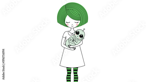 Young woman with distinctive green hair gently holds a swaddled baby alien, representing unique motherhood and acceptance.