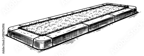 Hand drawn sketch of a rectangular garden bed with grass and stone border