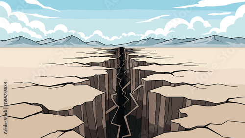 Massive crack extends across dry, barren land under a cloudy sky, powerfully depicting natural disaster, drought, or earthquake aftermath.