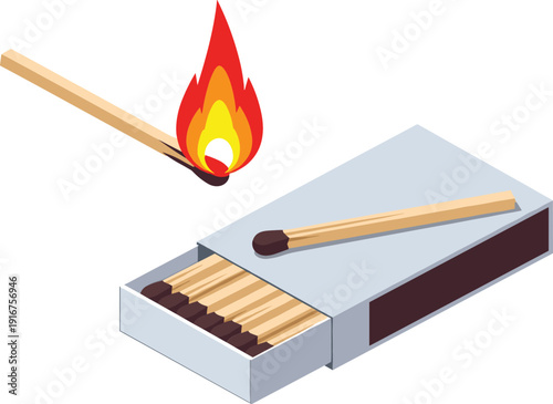 Isometric vector illustration of a matchbox with wooden matches and one burning flame for fire safety