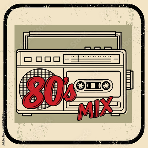 Retro 80s Boombox Mix Cassette Tape Graphic Art