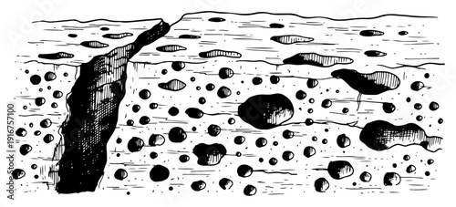 Abstract hand drawn texture of porous stone or organic material with deep vertical crack