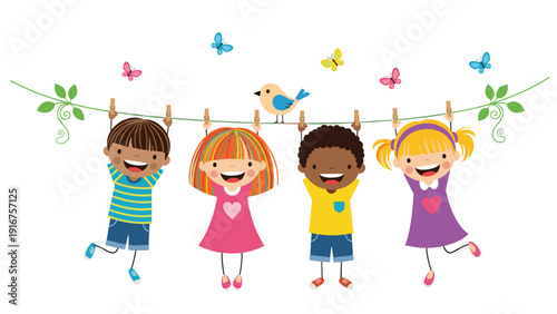 Four joyful children happily hang from a clothesline, surrounded by colorful butterflies and a cheerful bird, depicting playful fun.