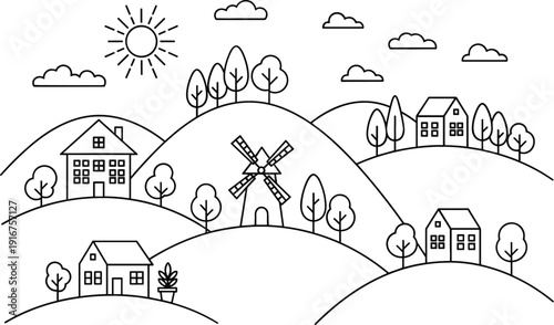 Line art vector illustration of a rural countryside landscape with houses trees and a traditional windmill