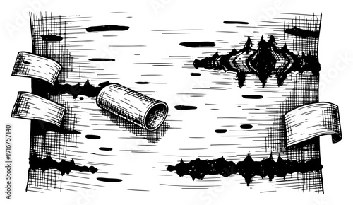 Hand drawn illustration of tree bark texture with damaged elements and metallic pipe