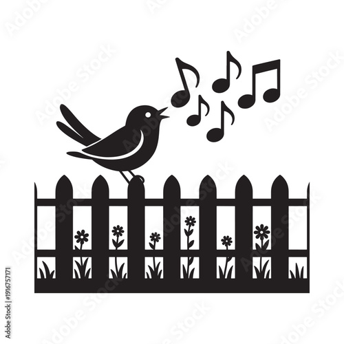 A black silhouette of a bird singing on a picket fence