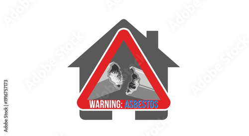 Warning sign for asbestos in a house with a red triangle and gray background illustration