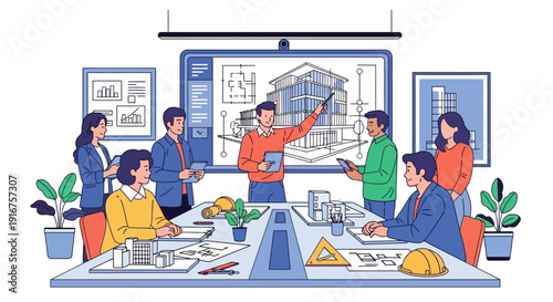 Architectural team collaborating on building design project.