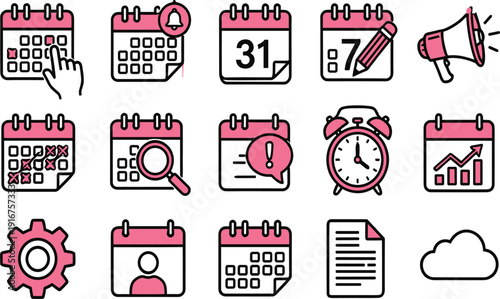 Pink and black calendar icon set featuring schedule planning tools business appointments time management vector elements.
