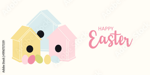 Happy Easter greeting card design featuring a bird house with colorful eggs