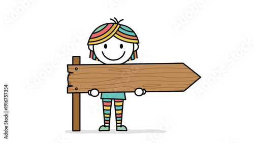 Cheerful cartoon girl happily holds a large wooden arrow sign pointing to the left, symbolizing direction and choices.