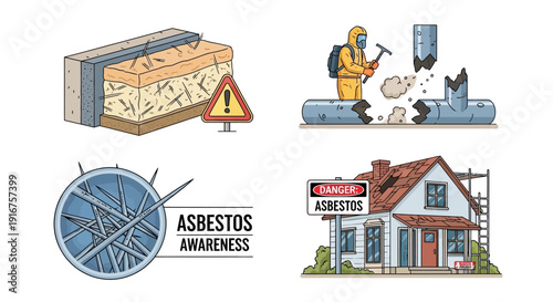 Asbestos awareness vector graphic illustration showing dangers and warning signs