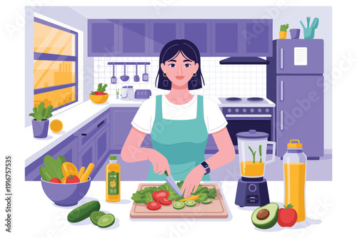 woman preparing healthy salad in modern kitchen with fresh vegetables, fruits, and blender for smoothie