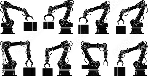 Industrial robotic arm silhouette set for automated manufacturing and factory assembly line technology concept isolated on white background for design