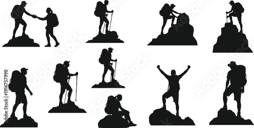 Set of hiker silhouettes climbing mountains with backpacks and trekking poles, helping each other, reaching summit,