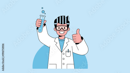 Happy male scientist in a lab coat and safety goggles holds a test tube and gives a confident thumbs up.