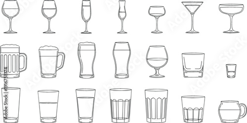 Vector line art icon set of various glassware including wine glasses, beer mugs, and cocktail glasses