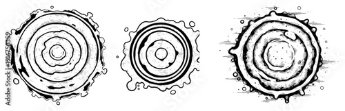 Set of three hand drawn tree ring cross sections and wood textures