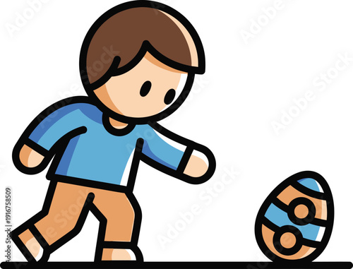 Child in a blue shirt bends down to playfully interact with a brightly patterned Easter egg, embodying the joy and curiosity associated with holiday celebrations.