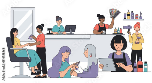 Beauty Salon Scene with Diverse Services and Clients.