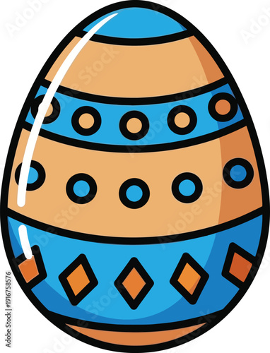 A single, large, oval Easter egg features alternating blue and orange bands decorated with simple geometric shapes.