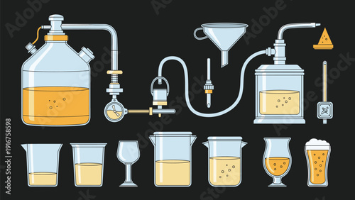 Detailed collection of brewing equipment and specialized glassware filled with yellowish liquid, illustrating beer production.