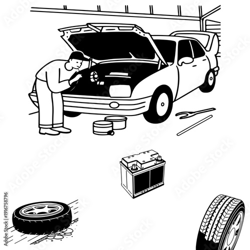 Car service station, battery replacement, tire fitting. Vector illustration in flat doodle art style