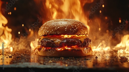 Against the backdrop of raging flames, an appetising burger with juicy filling highlights the danger of the climate crisis caused by excessive consumption of resources  