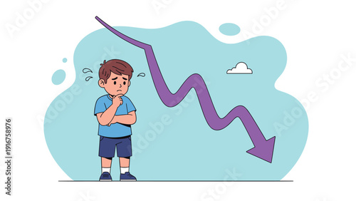 Concerned young boy stands beside a large purple arrow pointing downwards, symbolizing financial loss, market decline, or a negative trend.