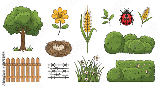 Extensive collection of diverse outdoor and garden elements, featuring a tree, flower, wheat, ladybug, bird's nest, fence, and barbed wire.