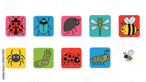 Charming grid of various cute cartoon insect icons, including a ladybug, beetle, spider, caterpillar, dragonfly, and bee.